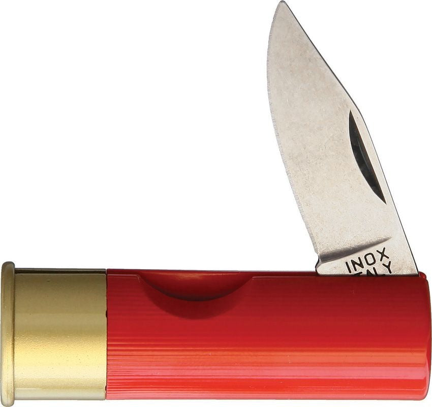 Compact red shotgun shell knife with satin-finish stainless steel blade and gold-toned base