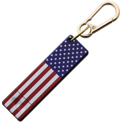 Compact fixed blade flag knife with 1.5-inch satin stainless steel blade, American flag ABS handle, matching sheath, and attachment clip