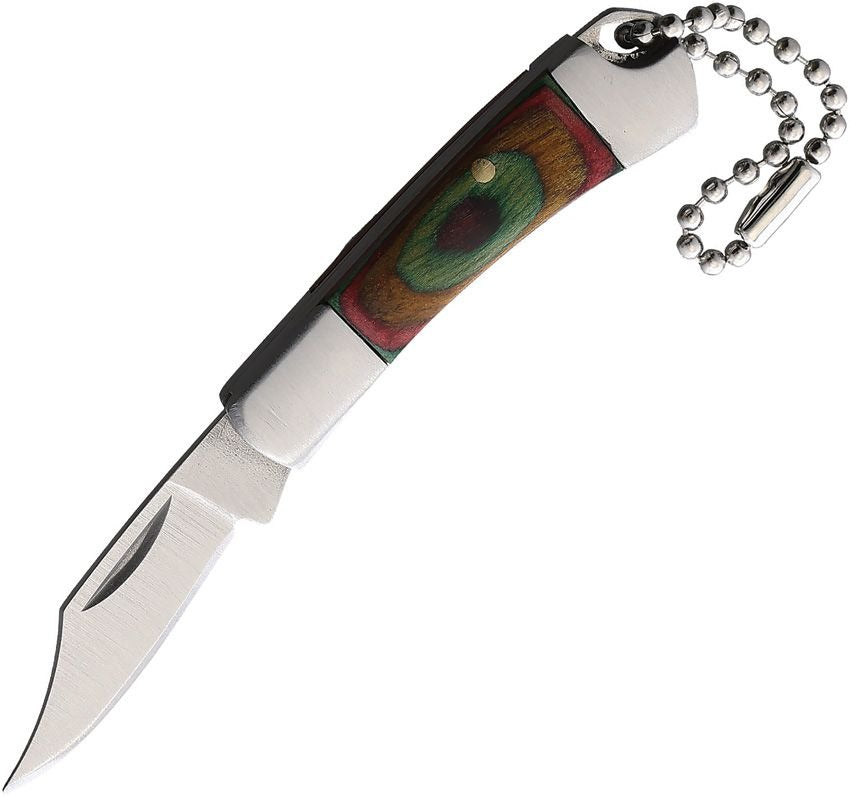 Compact keychain folder knife with 1.25-inch satin-finish blade and multi-wood handle featuring stainless steel bolsters and integrated keyring.