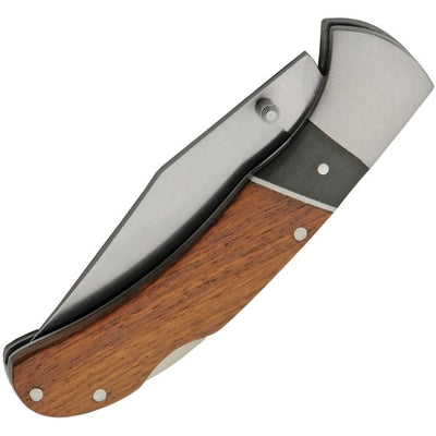 Lockback wood folding knife with 3-inch satin-finish stainless steel blade and brown wood handle