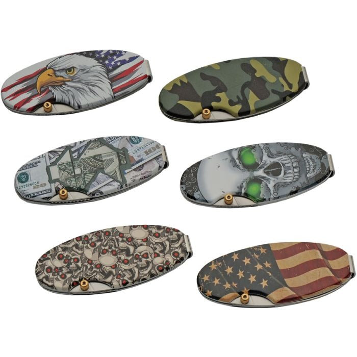 Set of six Money Clip Linerlock folding knives with unique graphic aluminum handles including American eagle, camouflage, dollar bill, skull, red-eyed skulls, and American flag designs.
