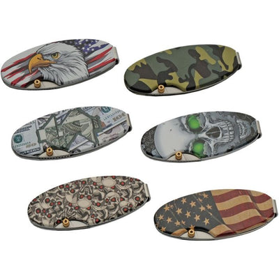Set of six Money Clip Linerlock folding knives with unique graphic aluminum handles including American eagle, camouflage, dollar bill, skull, red-eyed skulls, and American flag designs.