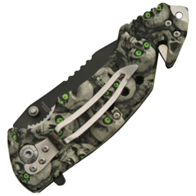 Folded Skull Eyes Linerlock Knife with skull artwork on synthetic handle and black stainless steel blade