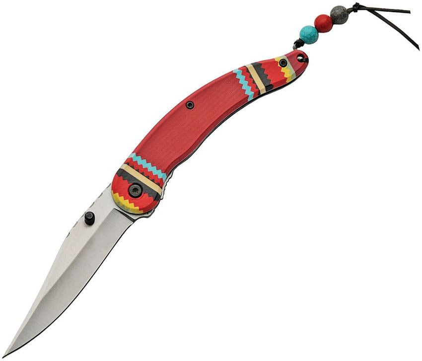 Spirit Linerlock A/O Red Knife with 3.75-inch satin stainless blade, red handle with colorful spirit-inspired artwork, and decorative leather lanyard with stone beads
