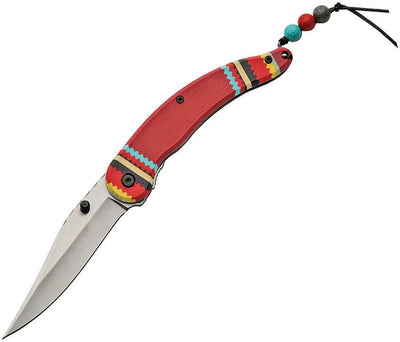 Spirit Linerlock A/O Red Knife with 3.75-inch satin stainless blade, red handle with colorful spirit-inspired artwork, and decorative leather lanyard with stone beads
