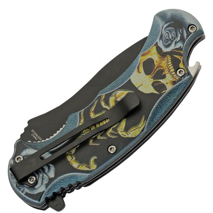 Scorpion Warrior Linerlock folding knife with black stainless steel blade and skull scorpion artwork handle, pocket clip, and built-in bottle opener.
