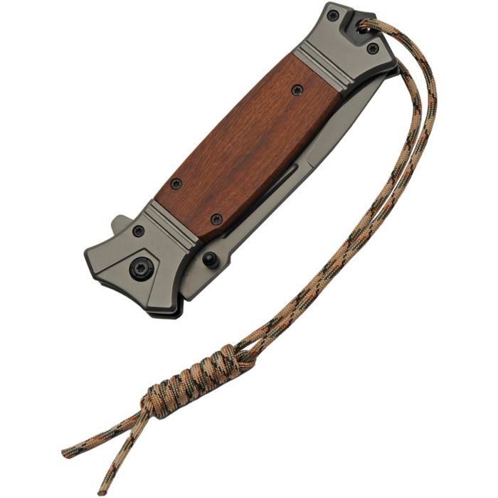 FK-5 Linerlock Knife with brown wood handle, stainless bolsters, and lanyard cord, folded with titanium-coated blade hidden