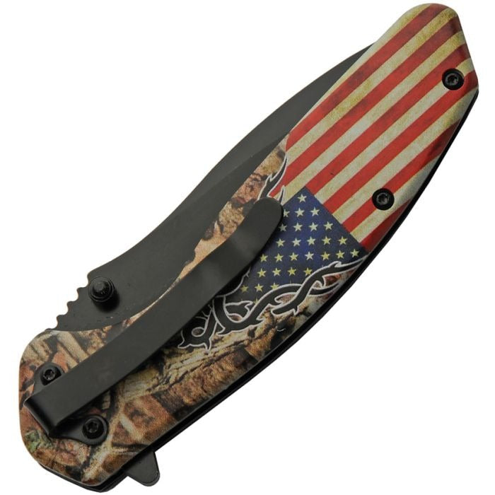 USA Forest Linerlock Knife with black-finish stainless steel blade and aluminum handle featuring USA flag and forest camo artwork