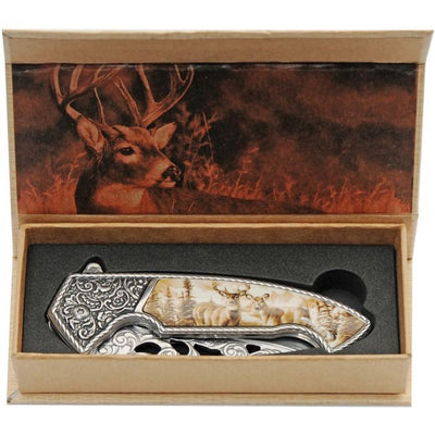 Framelock knife with satin finish 420 stainless steel blade and detailed wildlife handle in gift box