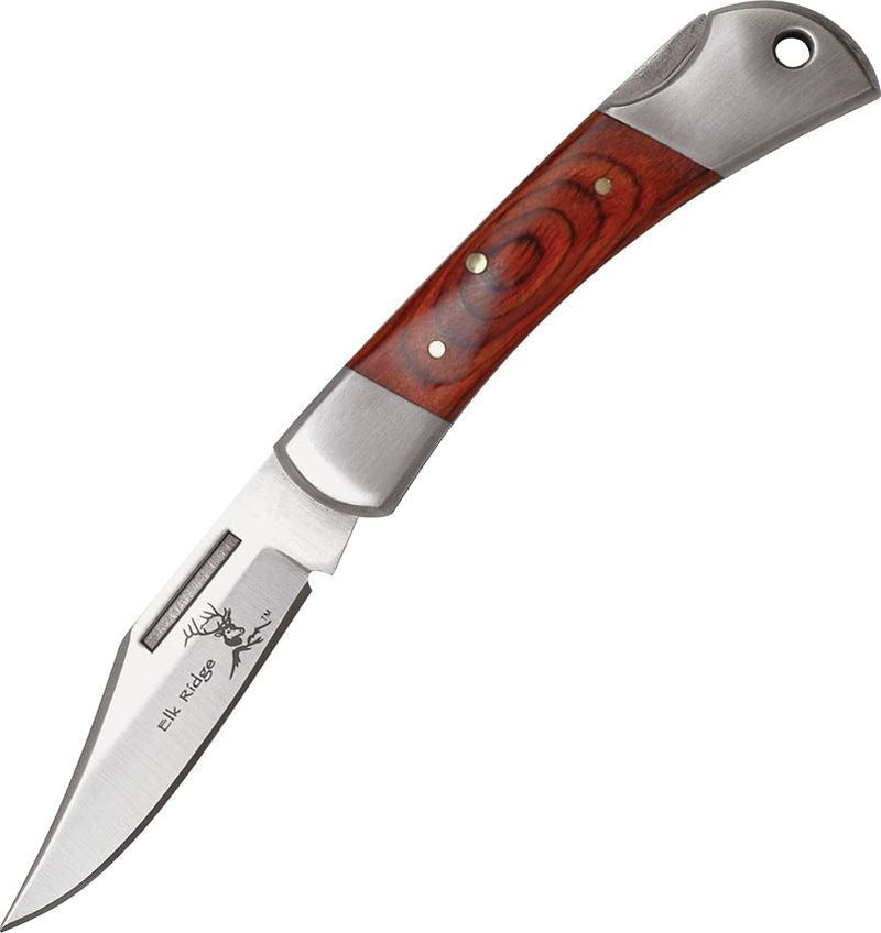 Lockback Pakkawood Knife with 2.25-inch satin-finish stainless steel clip point blade and brown pakkawood inlay handle