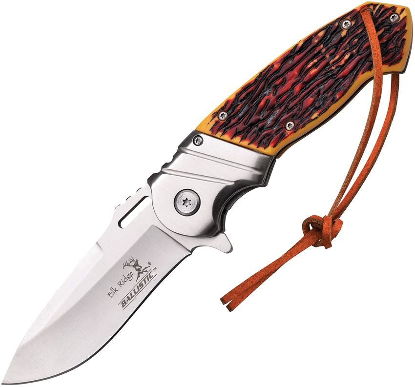 Linerlock A/O Knife with 3.5-inch satin-finish stainless steel blade, imitation stag handle, and leather lanyard.
