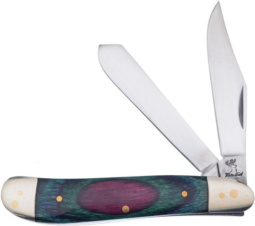 Frostwood Dog Leg Trapper pocket knife with vibrant wood handle, two stainless steel blades, and polished nickel silver bolsters.