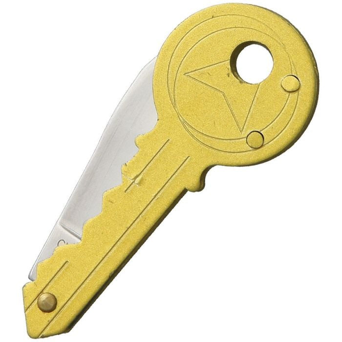 Gold-tone folding key knife with 1.5-inch stainless steel blade and lanyard hole for everyday carry