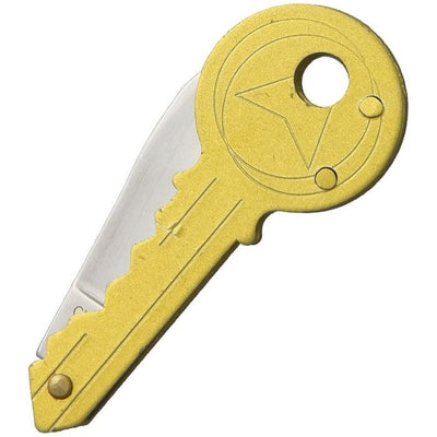 Gold-tone folding key knife with 1.5-inch stainless steel blade and lanyard hole for everyday carry