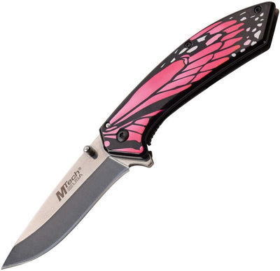 Pink Butterfly Framelock Knife with 3-inch stainless steel blade and pink butterfly design on synthetic handle