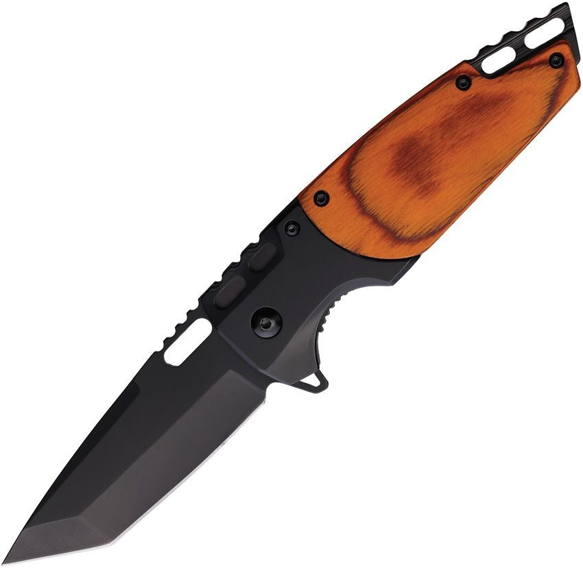 Linerlock A/O Brown folding knife with 3.5-inch black tanto blade and brown stainless steel handle