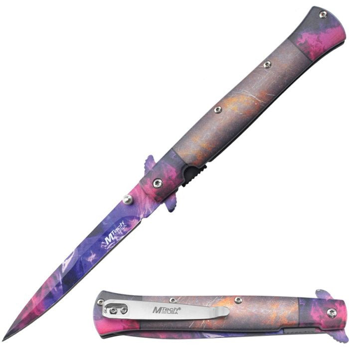 Rainbow titanium-finish Linerlock A/O Blading knife with assisted-opening stainless steel blade and pocket clip