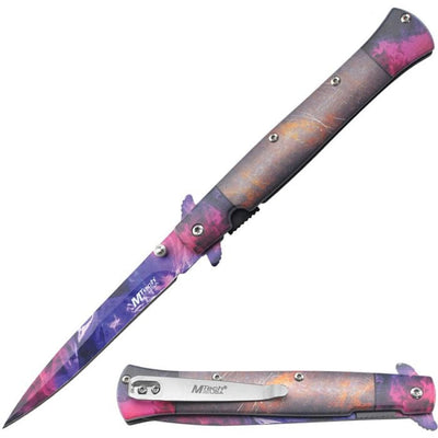Rainbow titanium-finish Linerlock A/O Blading knife with assisted-opening stainless steel blade and pocket clip