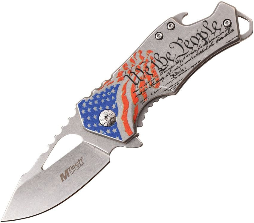 Framelock "We the People" Knife with stonewash stainless steel blade, patriotic handle engraving, assisted opening, bottle opener, and pocket clip.