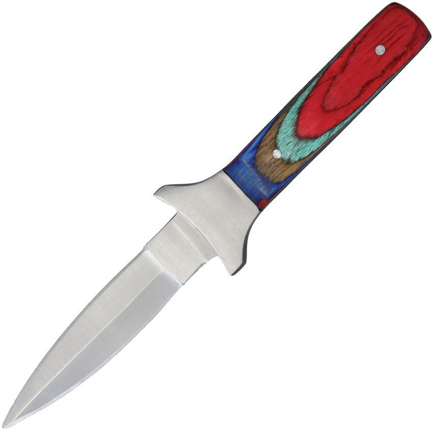 Slim boot knife with 3-inch satin finish double-edged dagger blade and colorful multi-wood handle