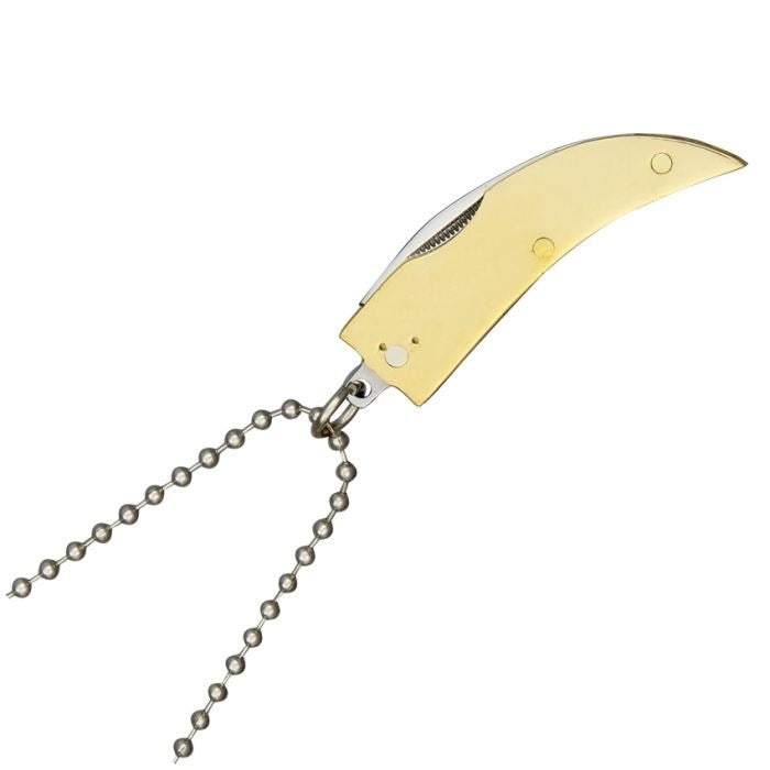 Compact Bear Claw Blue Knife necklace with stainless steel blade and brass-tone handle on beaded chain