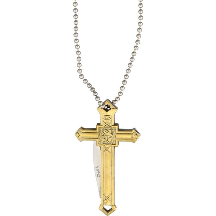 Brass cross knife with mirror-finish stainless pen blade and solid brass handle on ball chain lanyard.