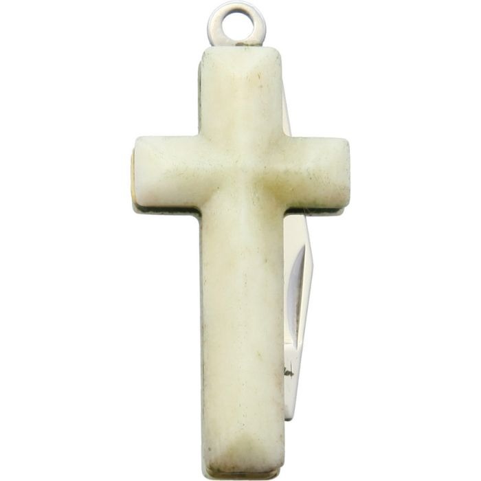 Cross-shaped white smooth bone handle knife with satin-finish stainless steel clip point blade and keyring attachment