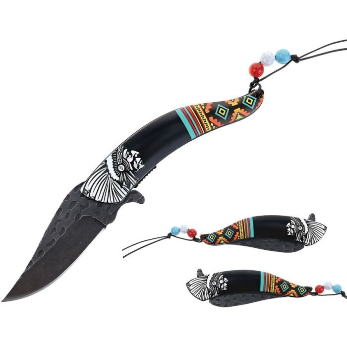 Chief Linerlock Knife with black stonewash blade and Southwestern artwork handle with beaded lanyard