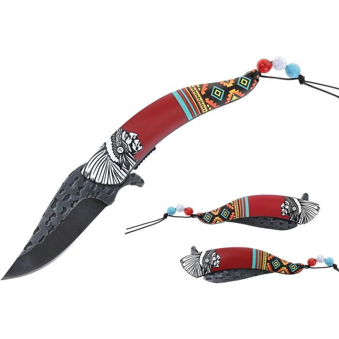 Chief Linerlock Knife with red synthetic handle, Southwestern artwork, black stonewash stainless steel blade, assisted opening, and decorative beaded lanyard