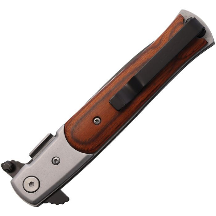 Stiletto style linerlock knife with brown wood handle, black pocket clip, and assisted-opening mechanism.