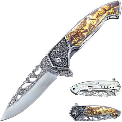 Wildlife Framelock Knife with detailed deer artwork, satin-finish stainless steel blade, and ornate handle design.