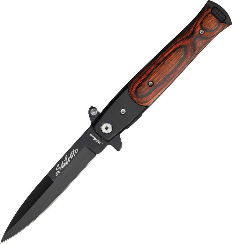 Linerlock A/O Wood Onlay Knife with black stainless steel stiletto blade and brown wood onlay handle