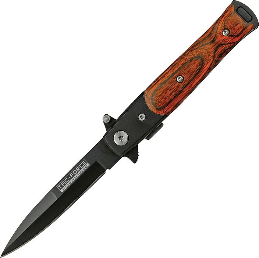 Lil Milano A/O Linerlock Knife with black stainless steel blade and brown wood handle, compact folding design for everyday carry