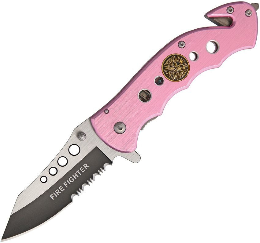 Pink Rescue Linerlock A/O Knife with partially serrated stainless blade and firefighter emblem