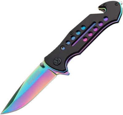 Rescue Linerlock Spectrum Knife with rainbow-finish 440 stainless steel blade and black aluminum handle featuring glass breaker and belt cutter.