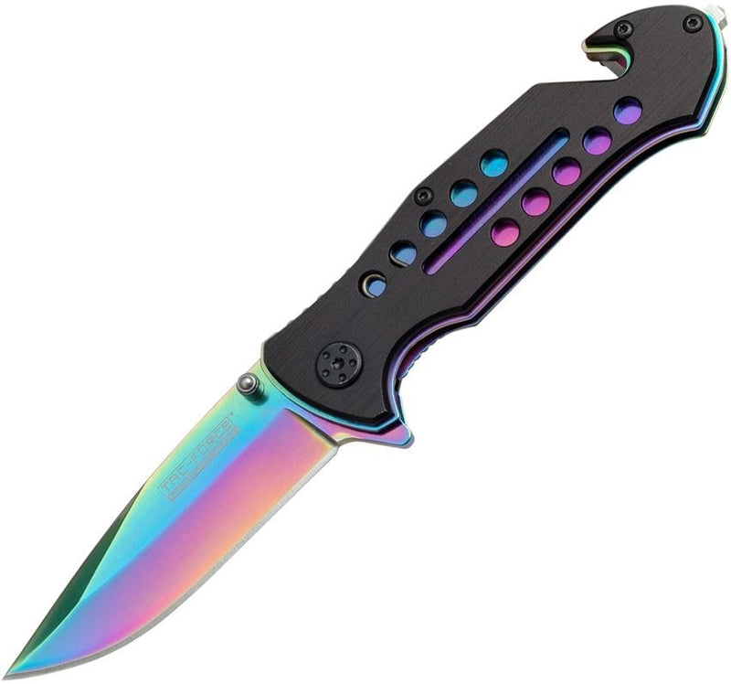 Rescue Linerlock Spectrum Knife with rainbow-finish 440 stainless steel blade and black aluminum handle featuring glass breaker and belt cutter.