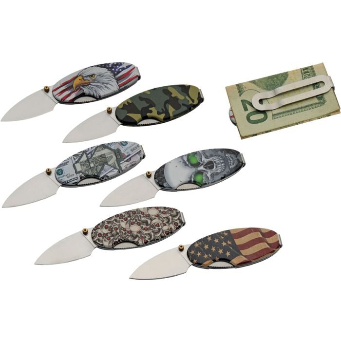 Set of six Money Clip Linerlock folding knives with unique graphic aluminum handles including American eagle, camouflage, dollar bill, skull, red-eyed skulls, and American flag designs.