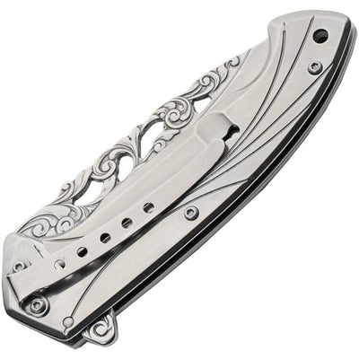 Framelock knife with satin finish 420 stainless steel blade and detailed stainless steel handle with wolf design