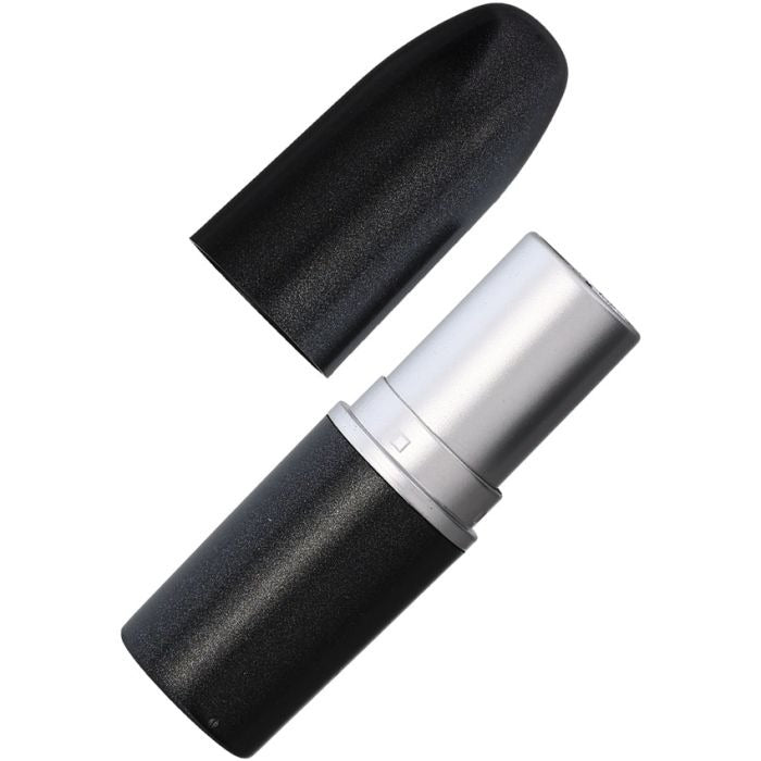 Compact black lipstick-shaped knife with satin-finish 1-inch blade and twist-to-open mechanism