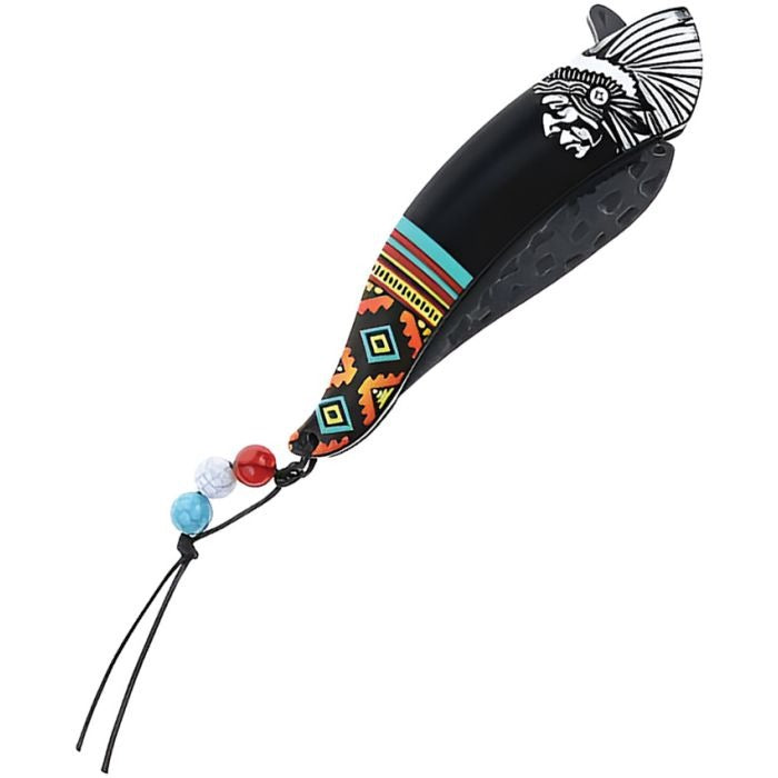 Chief Linerlock Knife with black synthetic handle featuring Southwestern artwork and decorative beaded lanyard