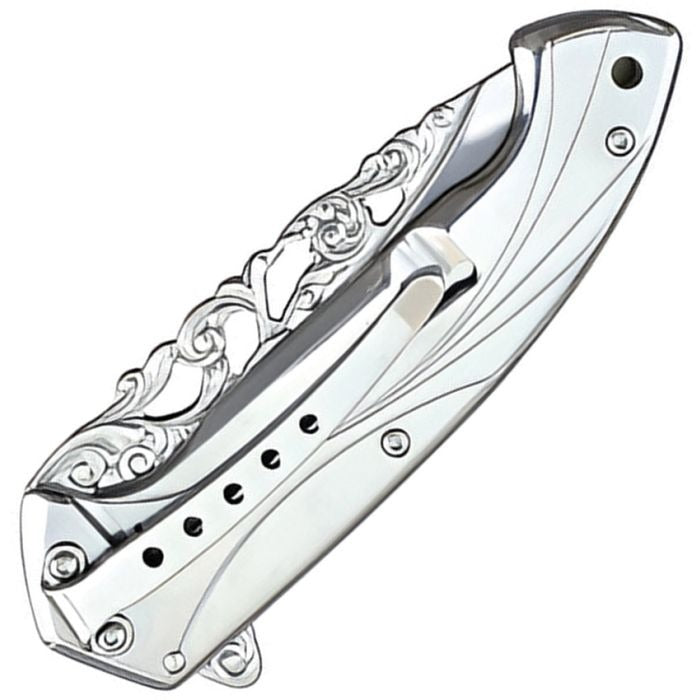 Wildlife Framelock Knife with ornate silver handle and secure framelock mechanism, folded view