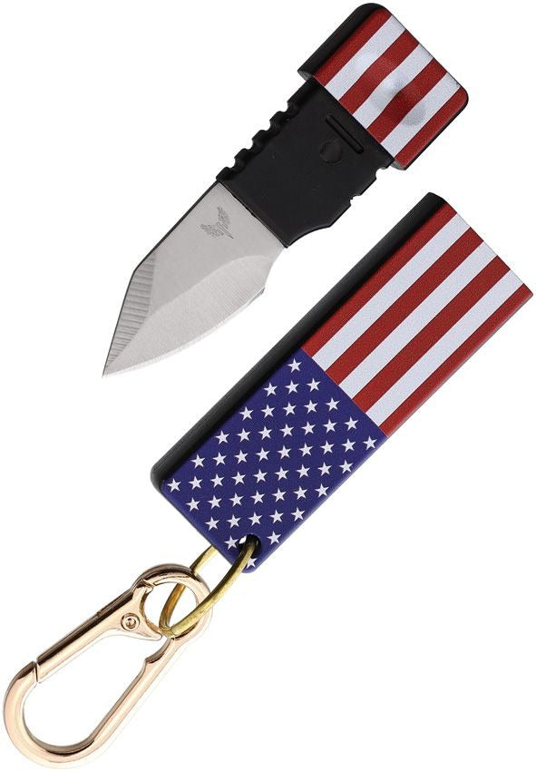 Compact fixed blade flag knife with 1.5-inch satin stainless steel blade, ABS handle, and sheath featuring American flag design and attachment clip