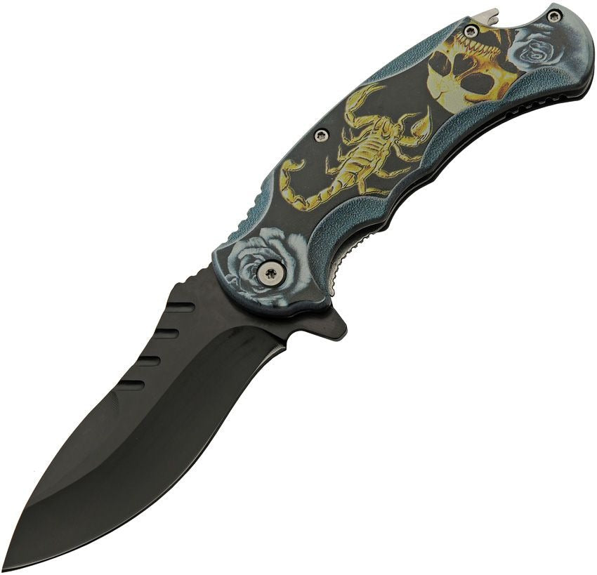 Scorpion Warrior Linerlock folding knife with black stainless steel blade and skull scorpion artwork handle, pocket clip, and built-in bottle opener.
