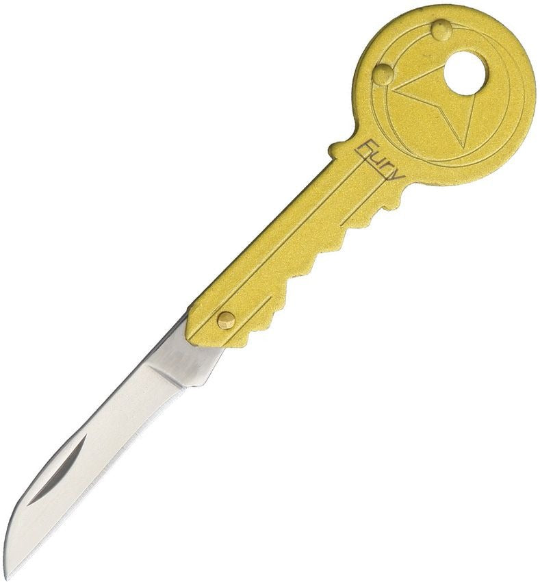 Gold-tone folding key knife with 1.5-inch stainless steel blade and lanyard hole for everyday carry