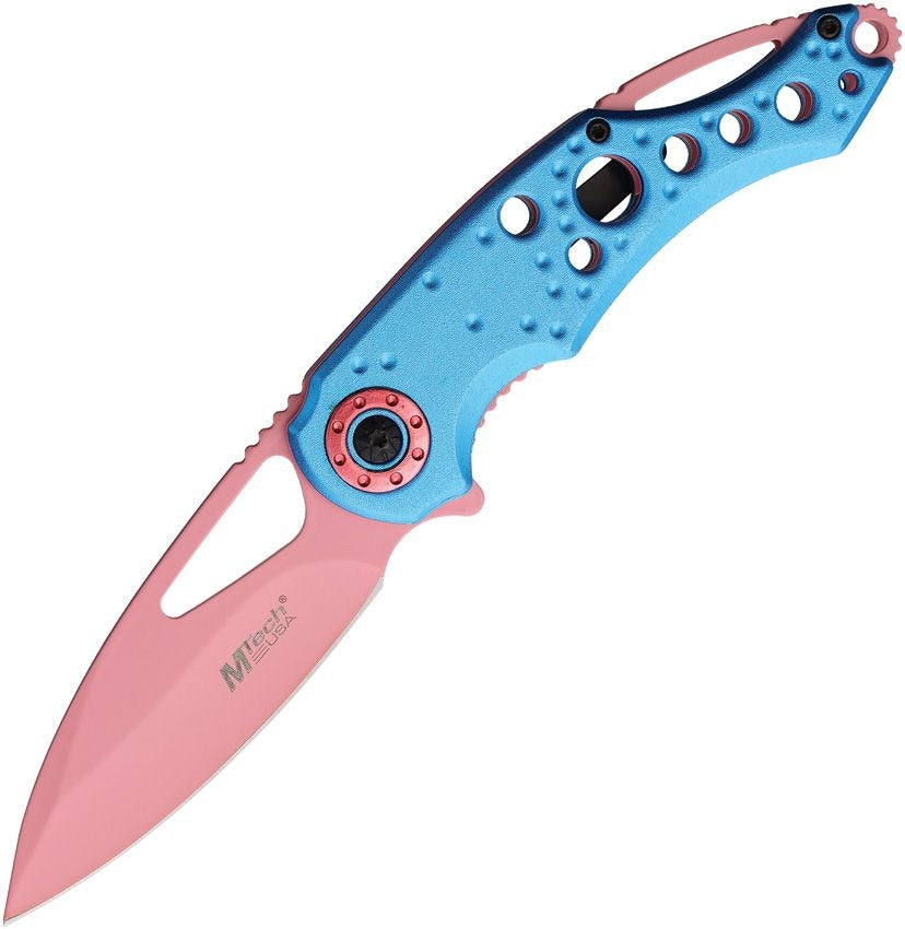 Light blue and pink linerlock knife with 3.5-inch pink drop point blade and anodized aluminum handle