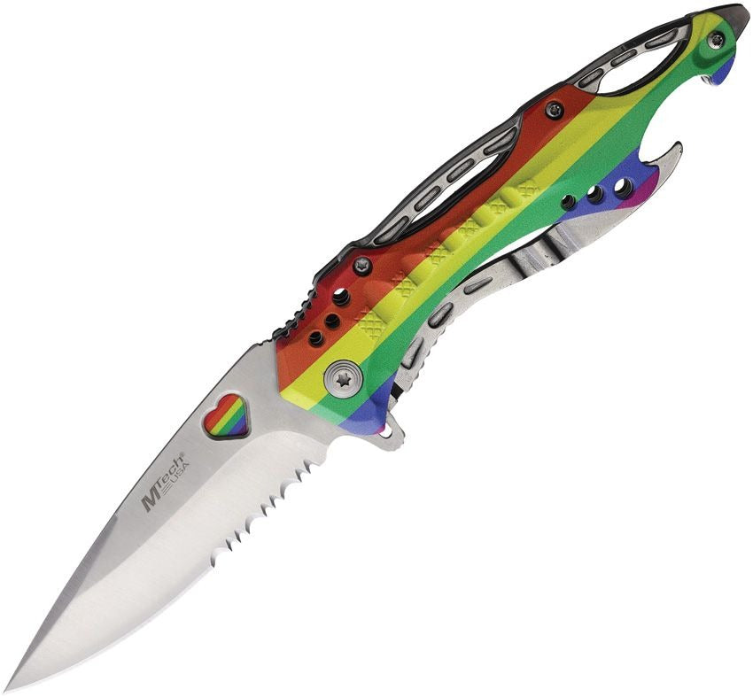Linerlock A/O Knife with rainbow handle, partially serrated stainless steel blade, and assisted opening mechanism.