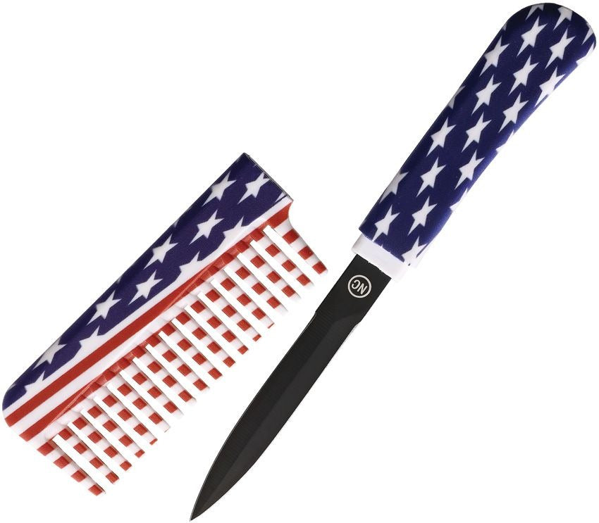 American flag design comb knife with hidden double-edged stainless steel blade and synthetic handle