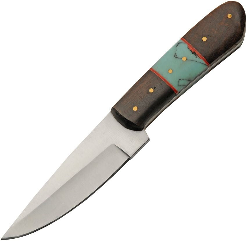 Hunter Fixed Blade knife with 4-inch satin stainless steel blade and wood handle with turquoise inlays.