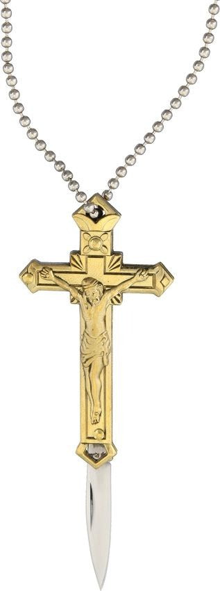 Brass cross knife with mirror-finish stainless pen blade and solid brass handle on ball chain lanyard