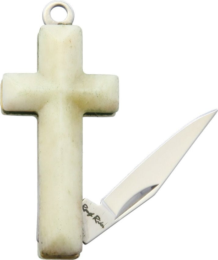 Compact cross-shaped knife with white smooth bone handle and satin-finish stainless steel clip point blade